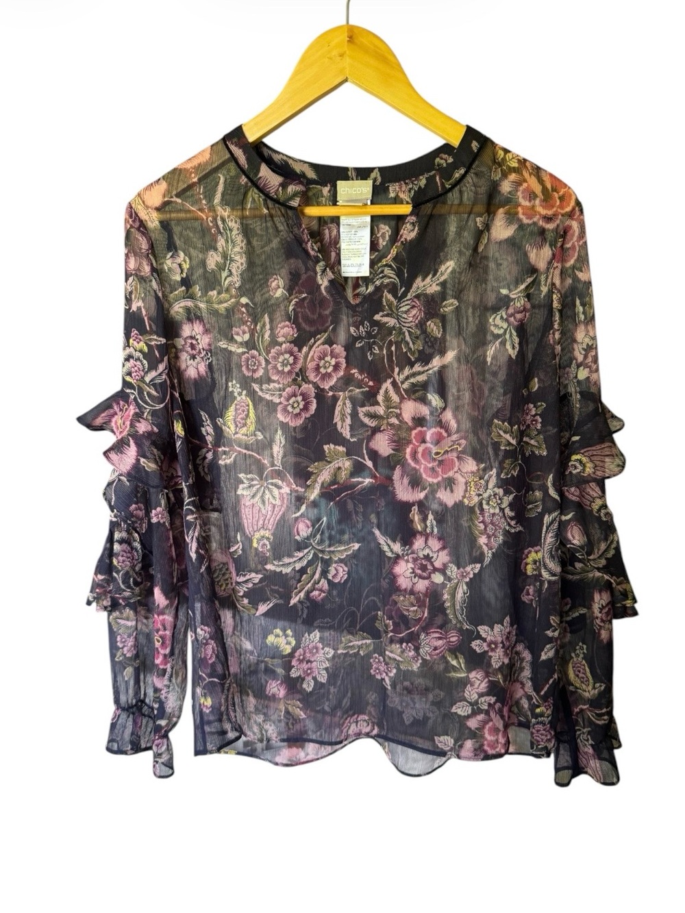 Chico's Black Sheer Floral Blouse with Pink Accents